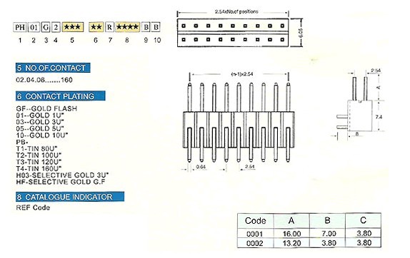 2.54*7.44mm PH01G2系列 排针 / 排母